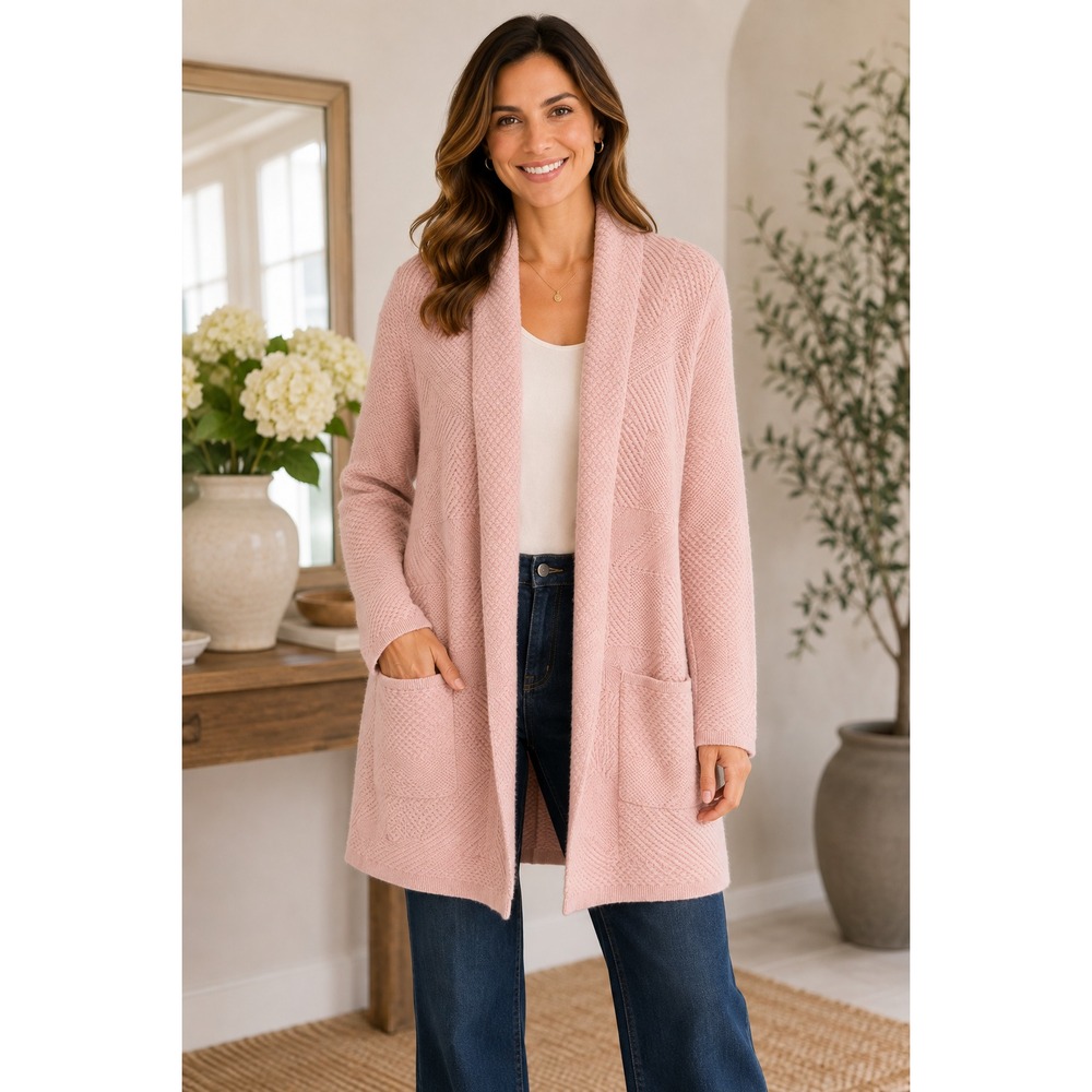 BCBGMAXAZRIA S Pink Wool Mohair Cashmere Open Front Long Cardigan Sweater